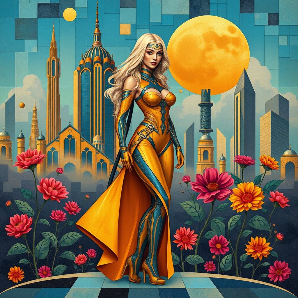 Ethereal Arcology Goddess in Vibrant Geometric Abstraction