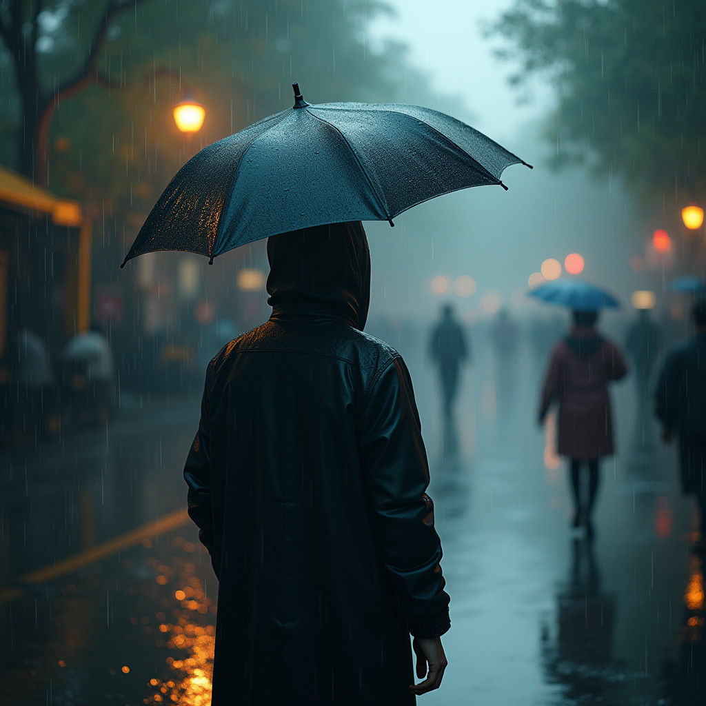 Person in Rainy Scene: Detailed Matte Painting