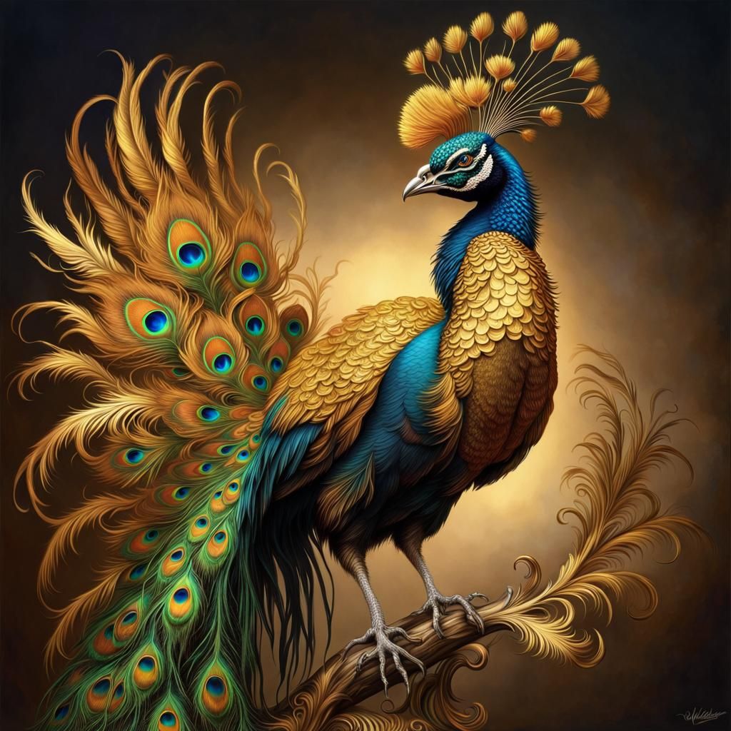 intense aetherpunk ornate electric golden peacock with long ...