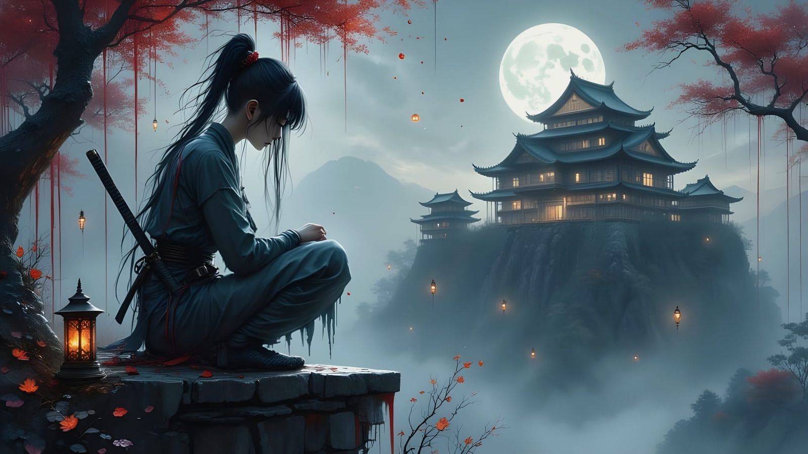 Female Ninja on Castle Wall Under Full Moon