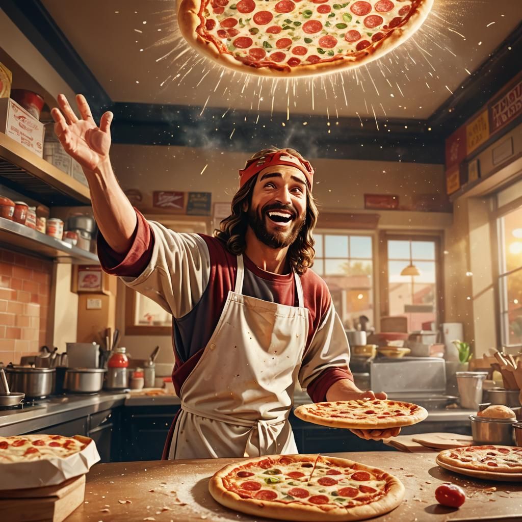 Jesus Christ Tossing Pizza Dough, Digital Illustration