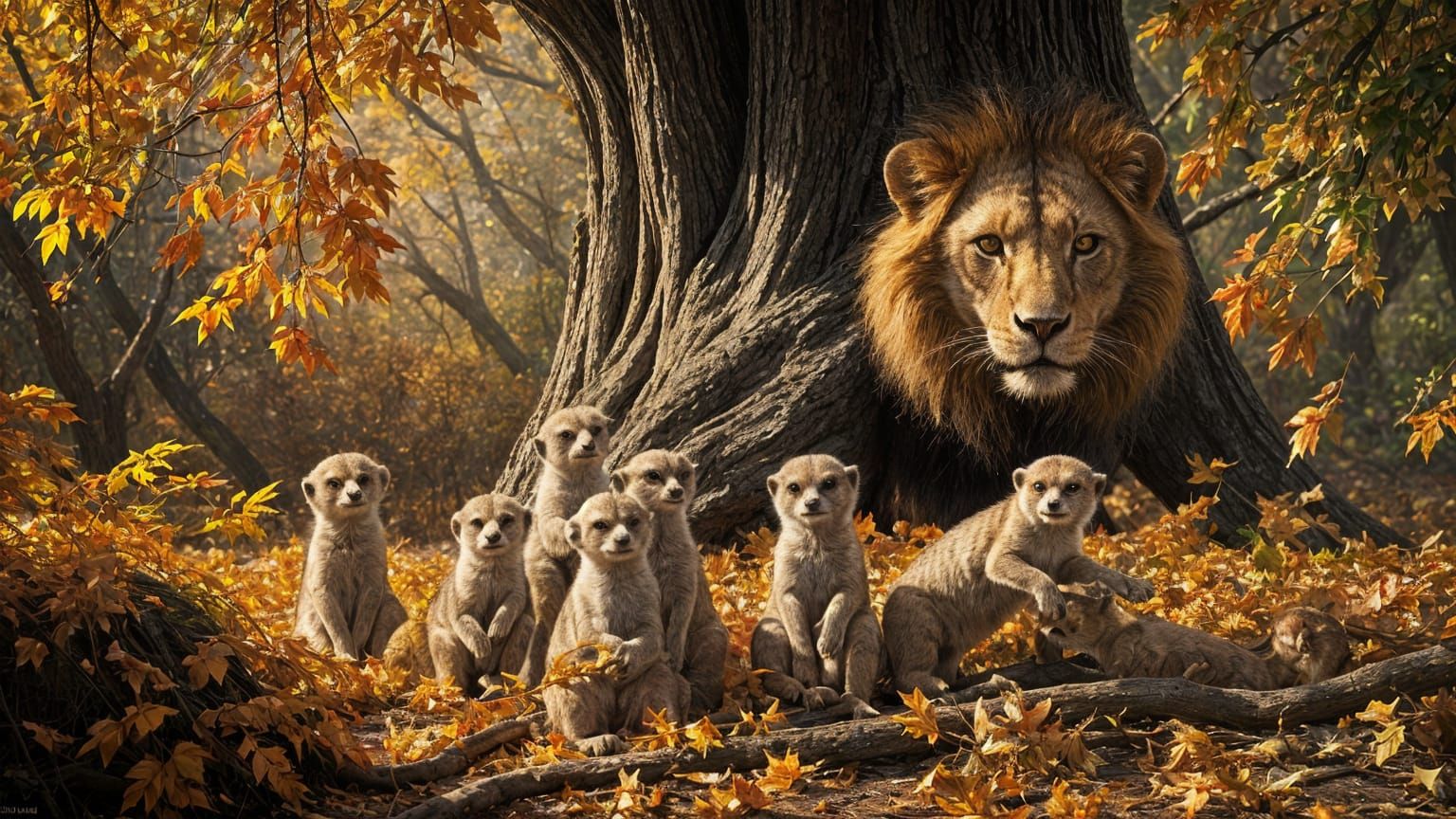 Meerkats Play Among Autumn Leaves Watched by Lion
