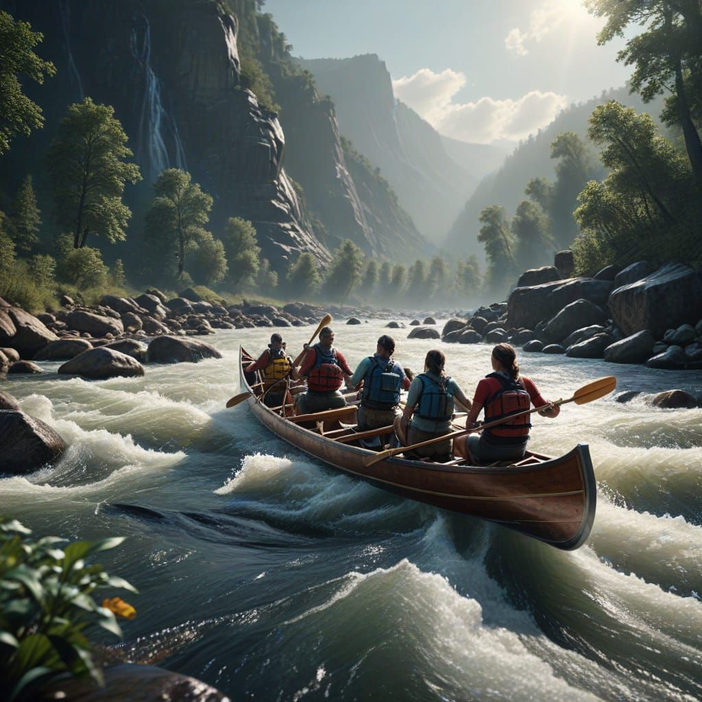 Family Canoe Trip on Rapids: Photorealistic Detail