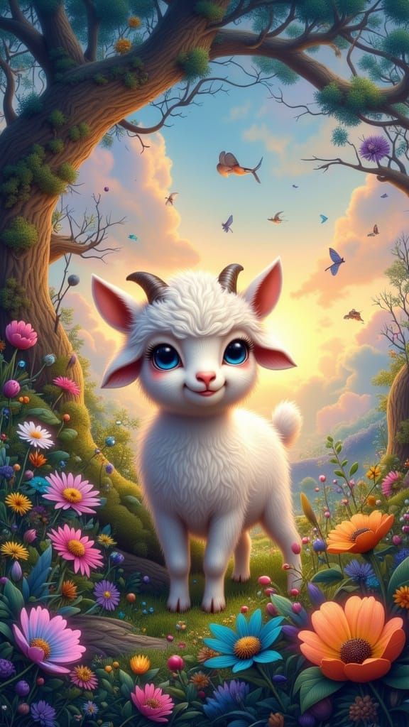 Adorable Baby Goat in Magical Twilight Meadow