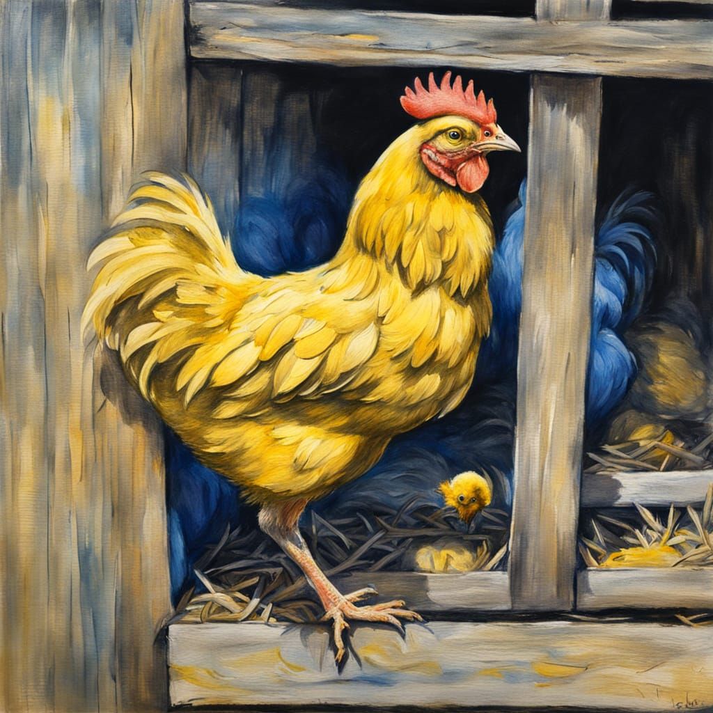 Yellow Chick in Chicken Coop: Impressionist Charcoal Drawing