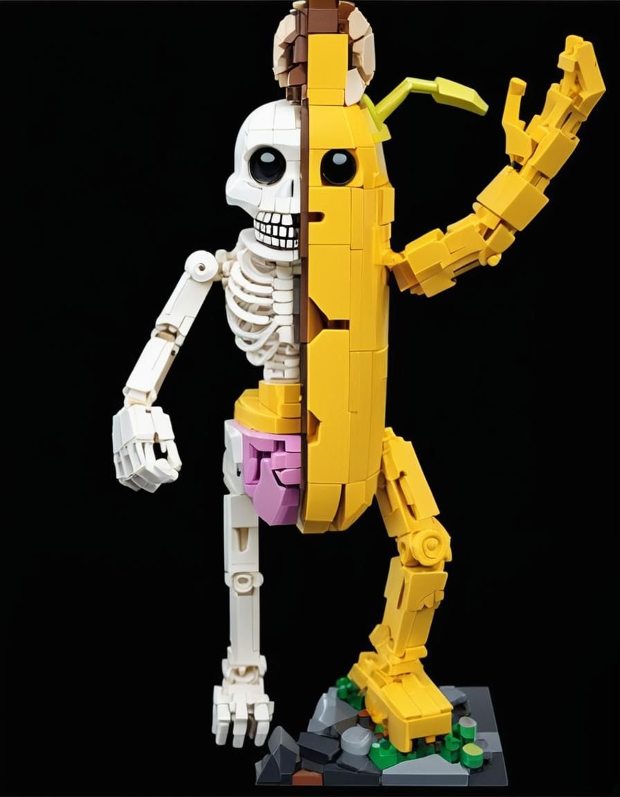 Lego peely bone character . Half banana half skeleton