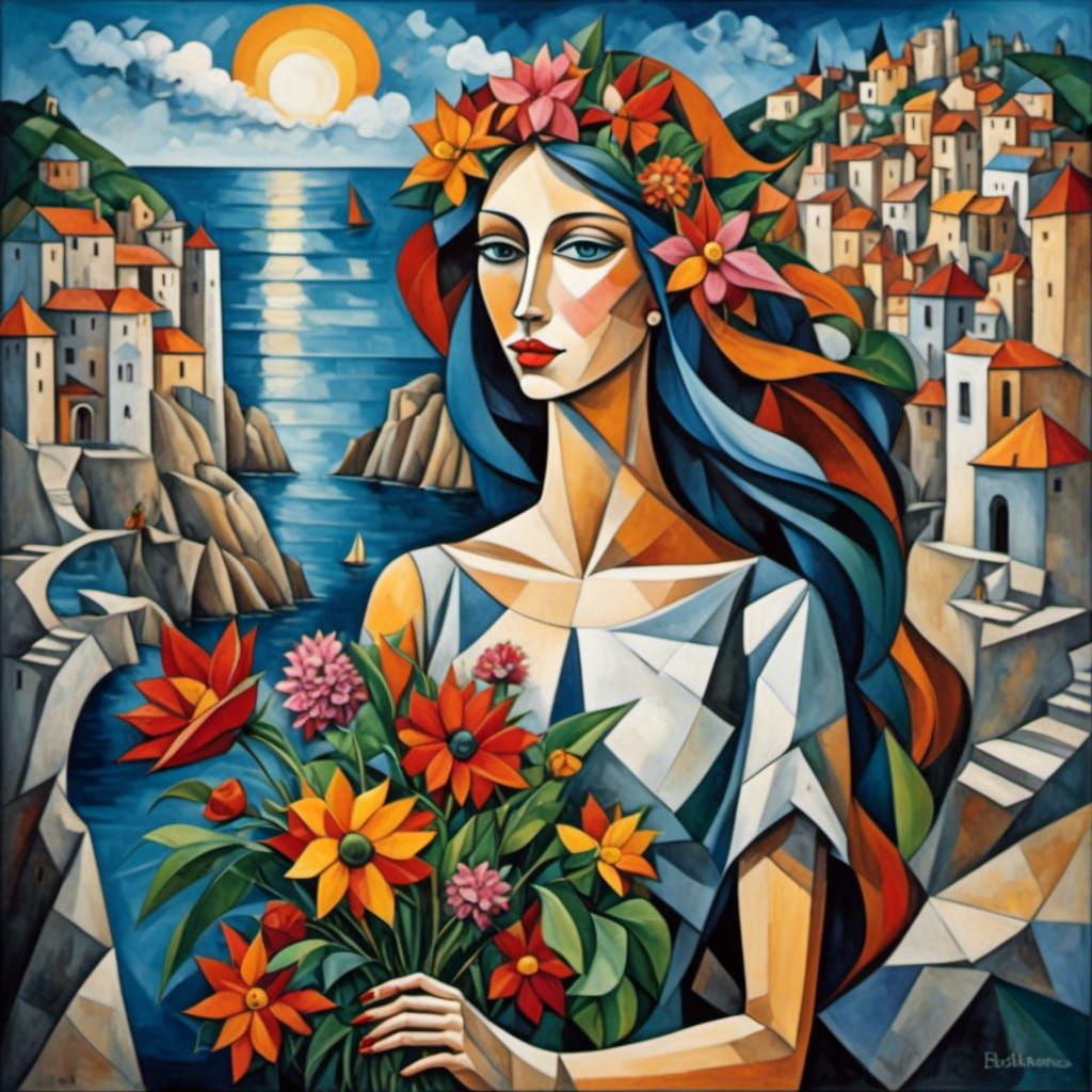 Abstract Cubist Woman with Flowers by the Sea