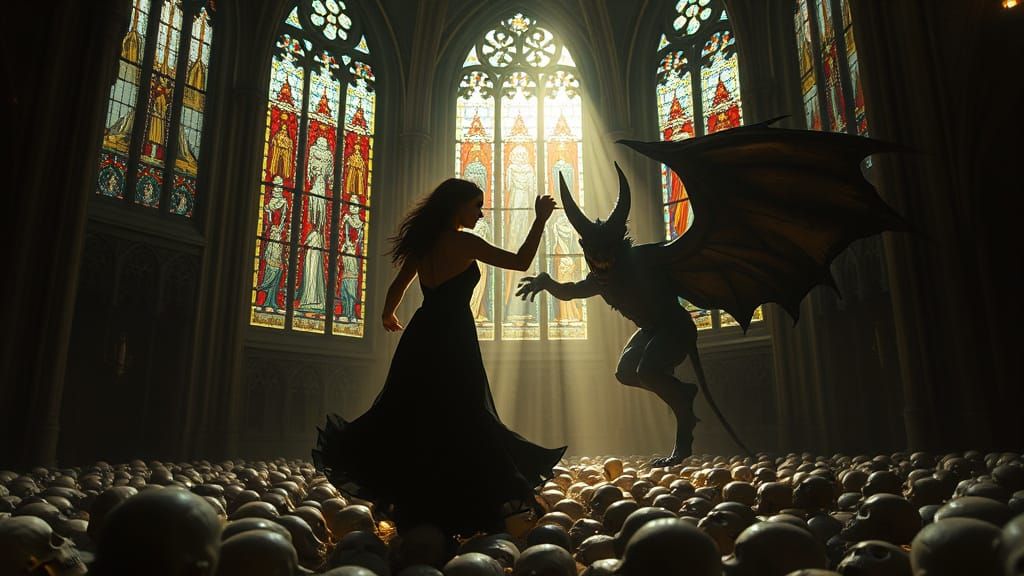 Gothic Cathedral Dance: Woman and Demon in Dramatic Light