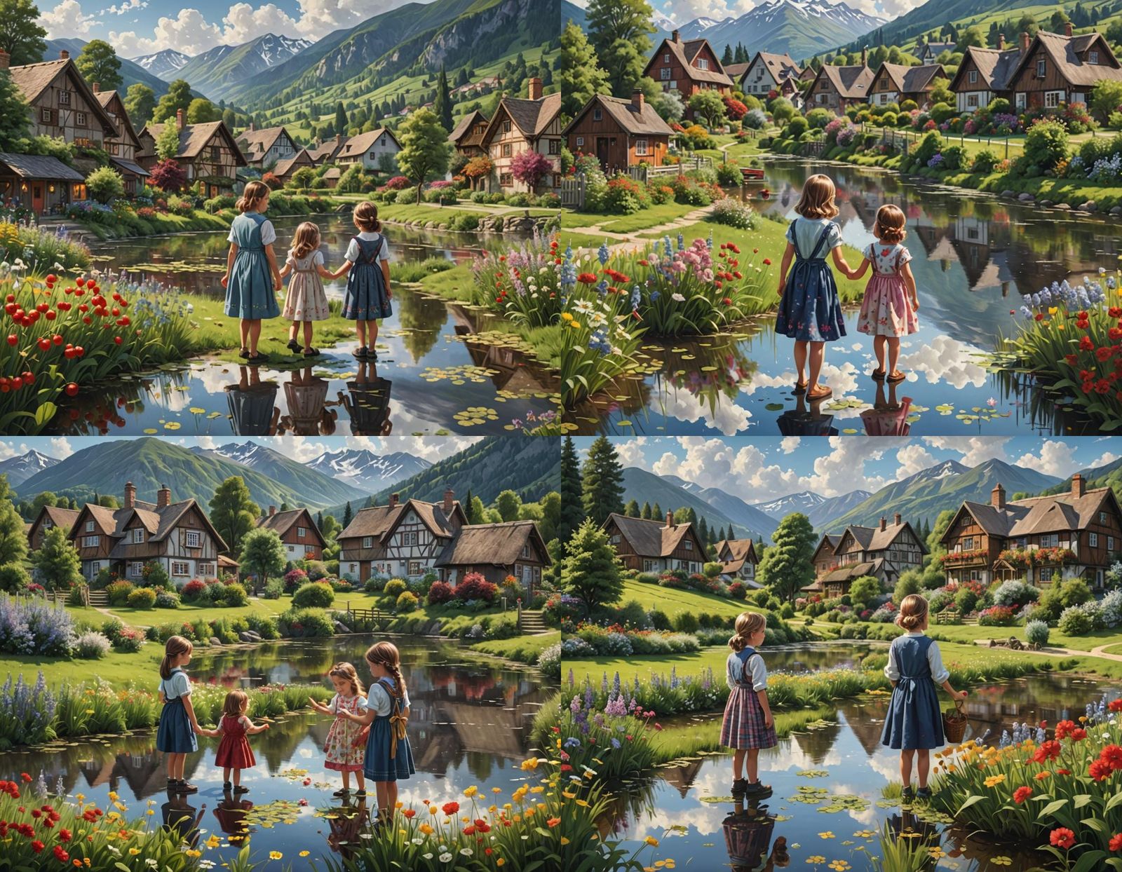 Riverside Village Scene with Children, Hyperrealistic Art