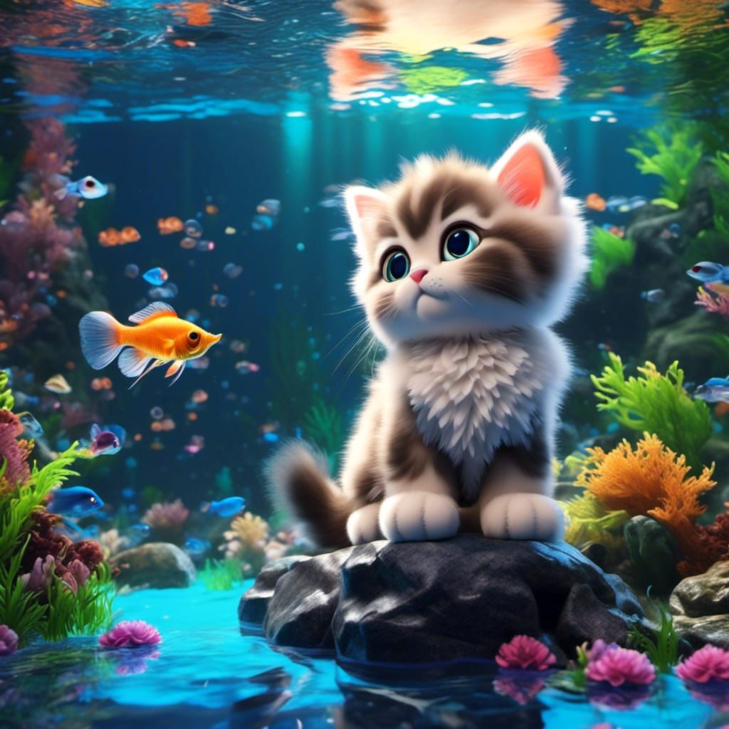 Fluffy Kitten Gazing at Fish Tank