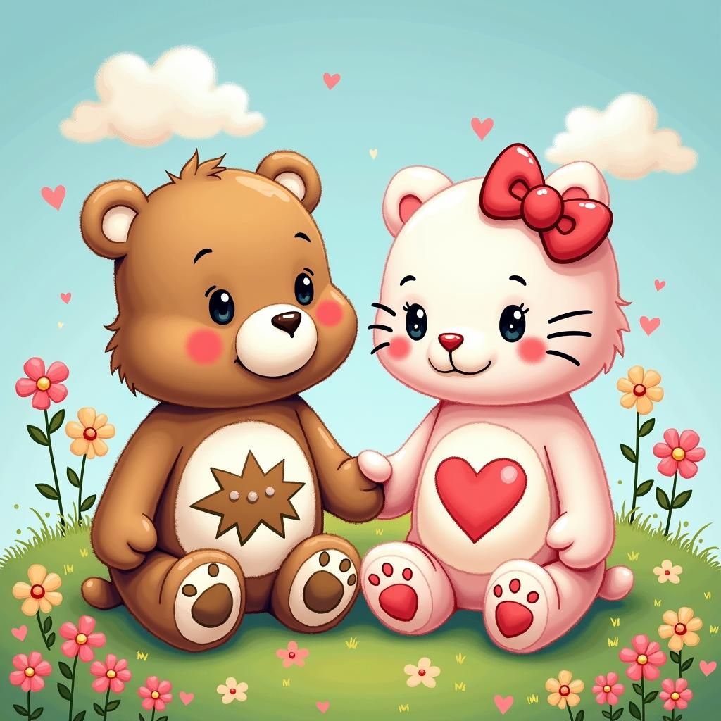 Care Bear and Hello Kitty in Whimsical Meadow