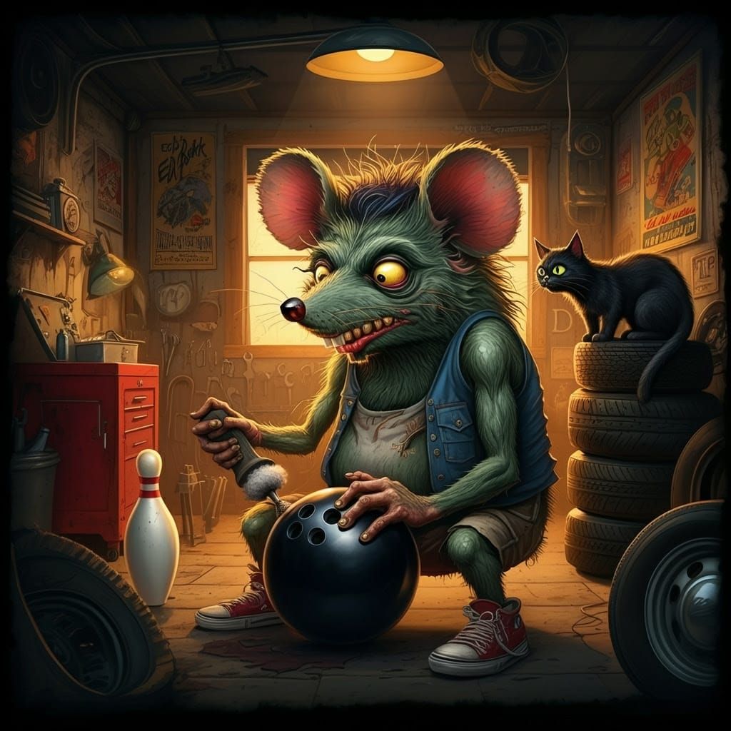 Retro-Style Ratfink Polishes Bowling Ball in Vintage Garage