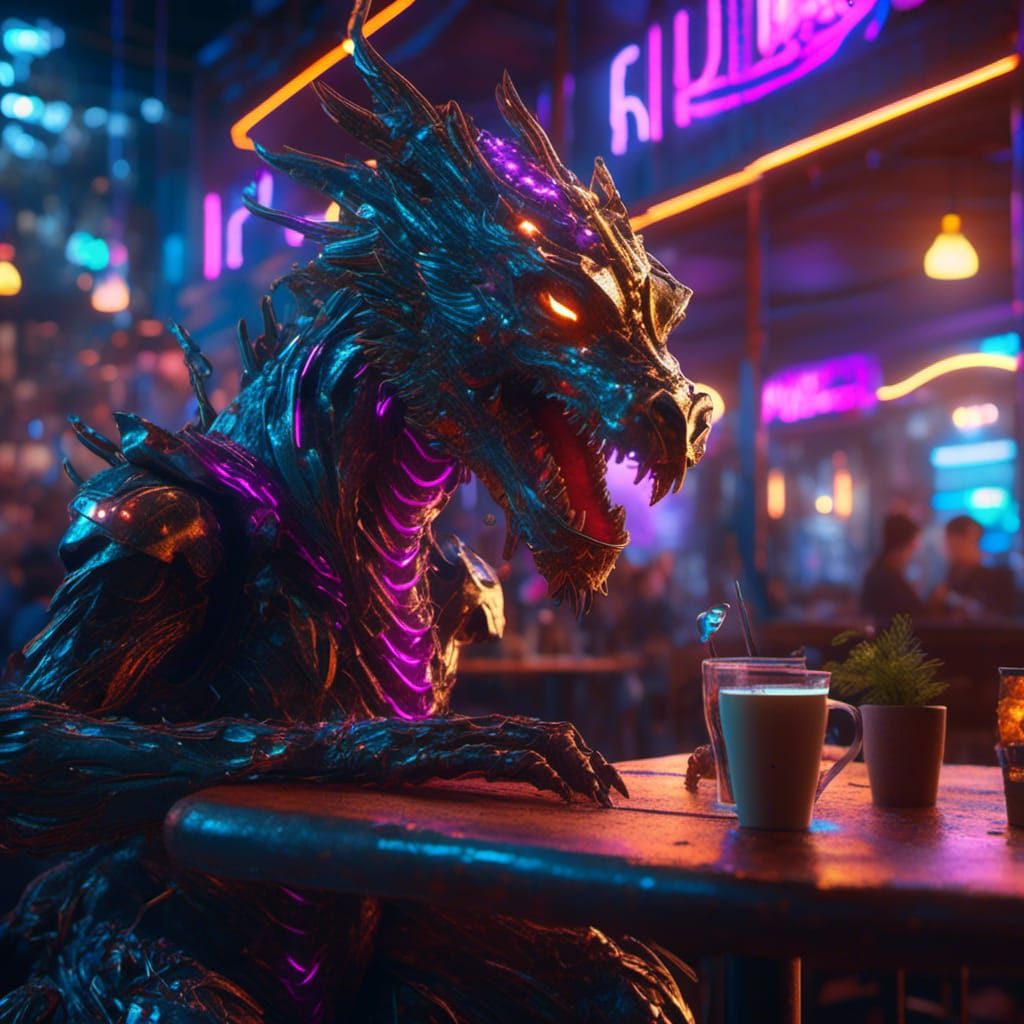 Cyberpunk Cyborg Dragon in Neon Cafe