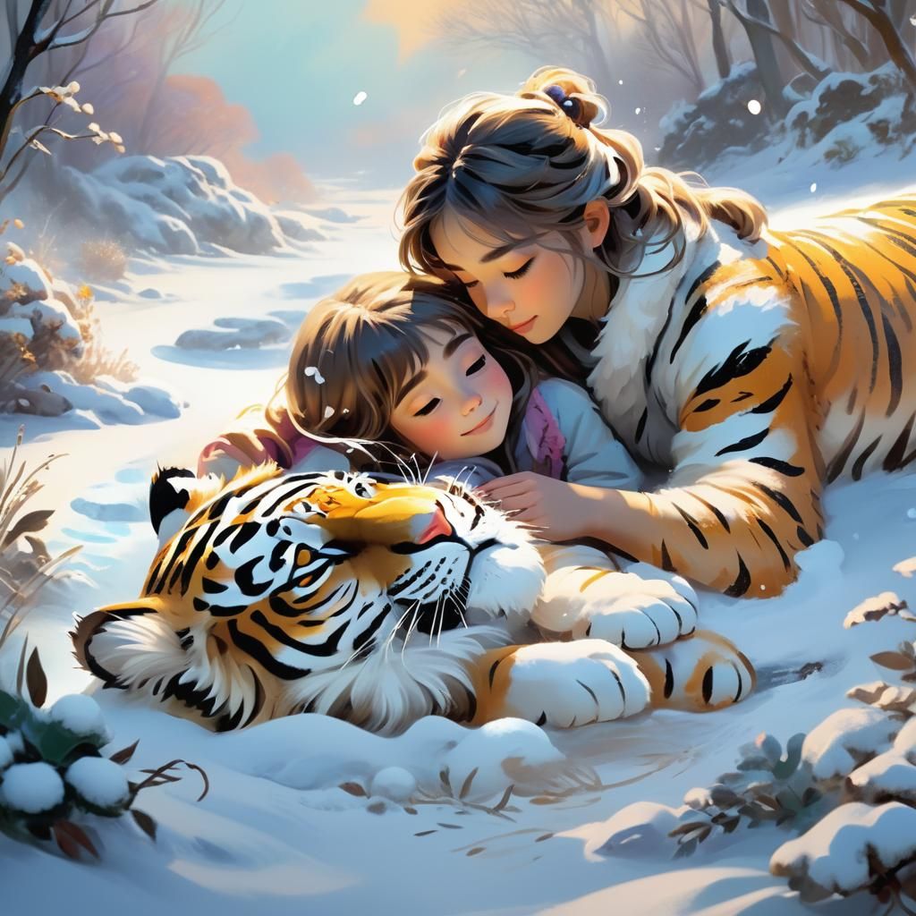 Fluffy Snow Tiger and Girl in Anime Style