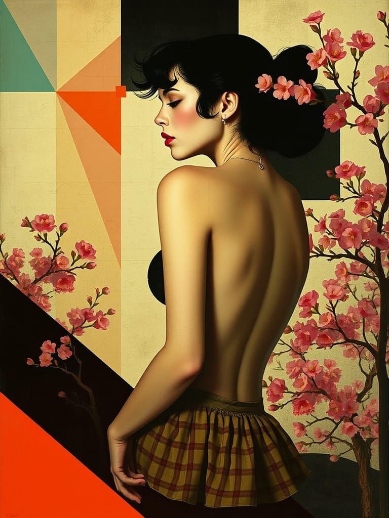 Surreal Fusion of Geometric Abstraction and Vintage Pin-Up