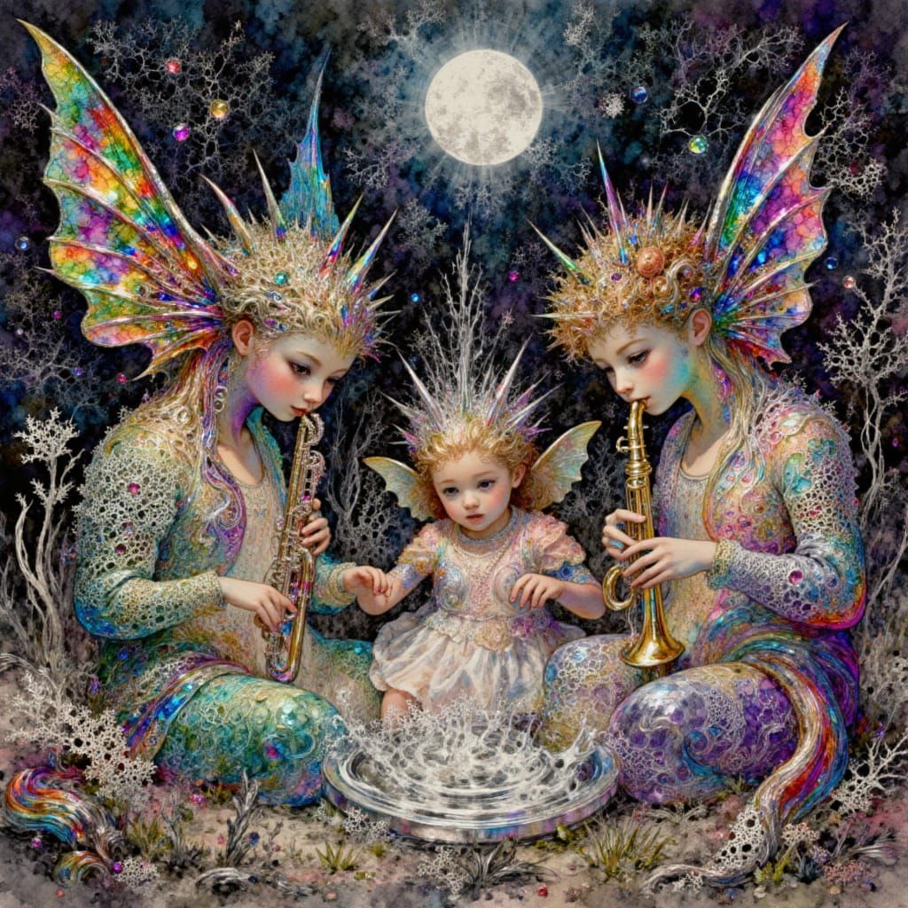 Ethereal Creatures Play Music Under a Radiant Moon