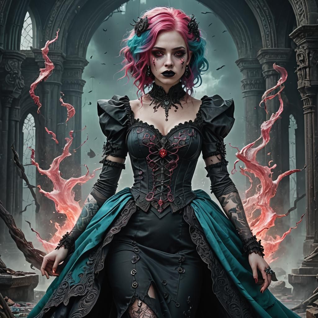 Gothic Female Figure with Cyan and Pink Hair