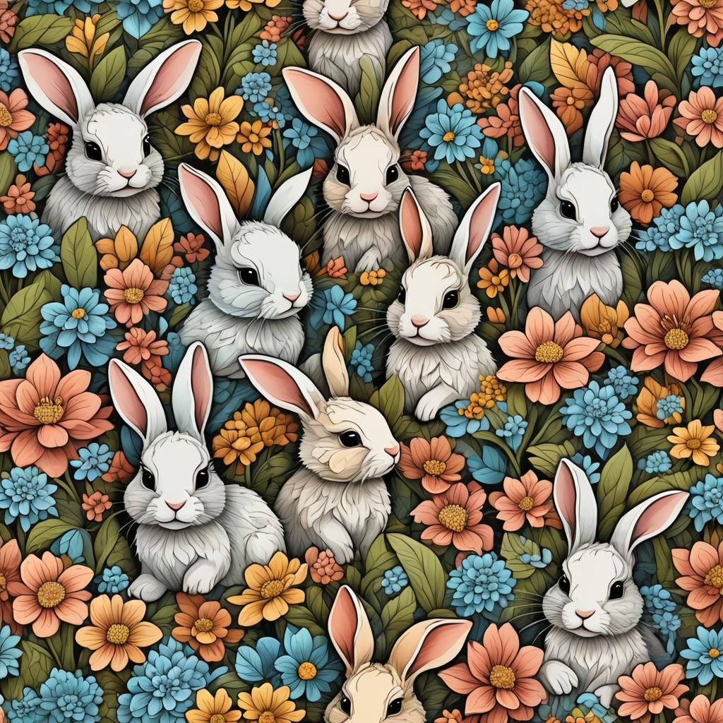 Baby Bunnies in Flowers with Abstract Vector Design