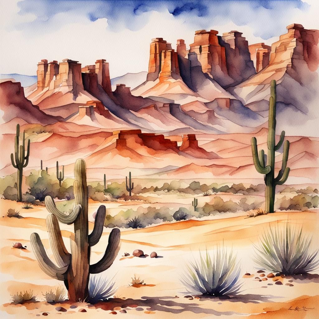 Watercolor Western Desert Landscape Painting