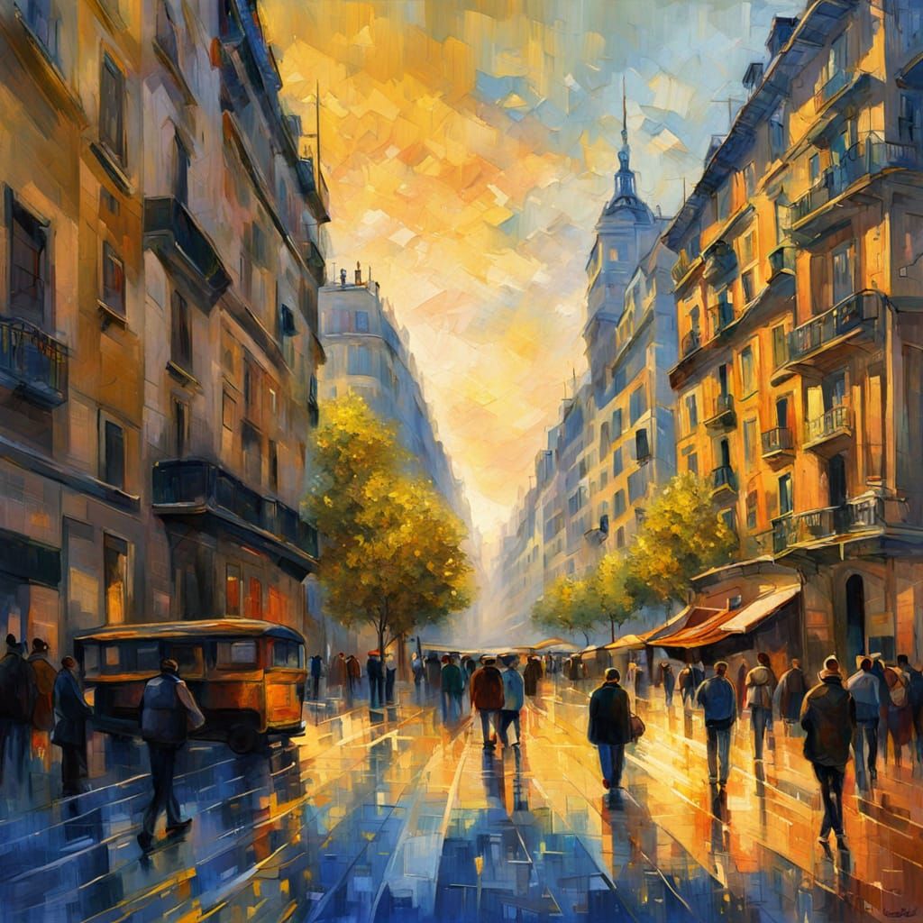 Madrid Cityscape in Neo-Impressionist Style