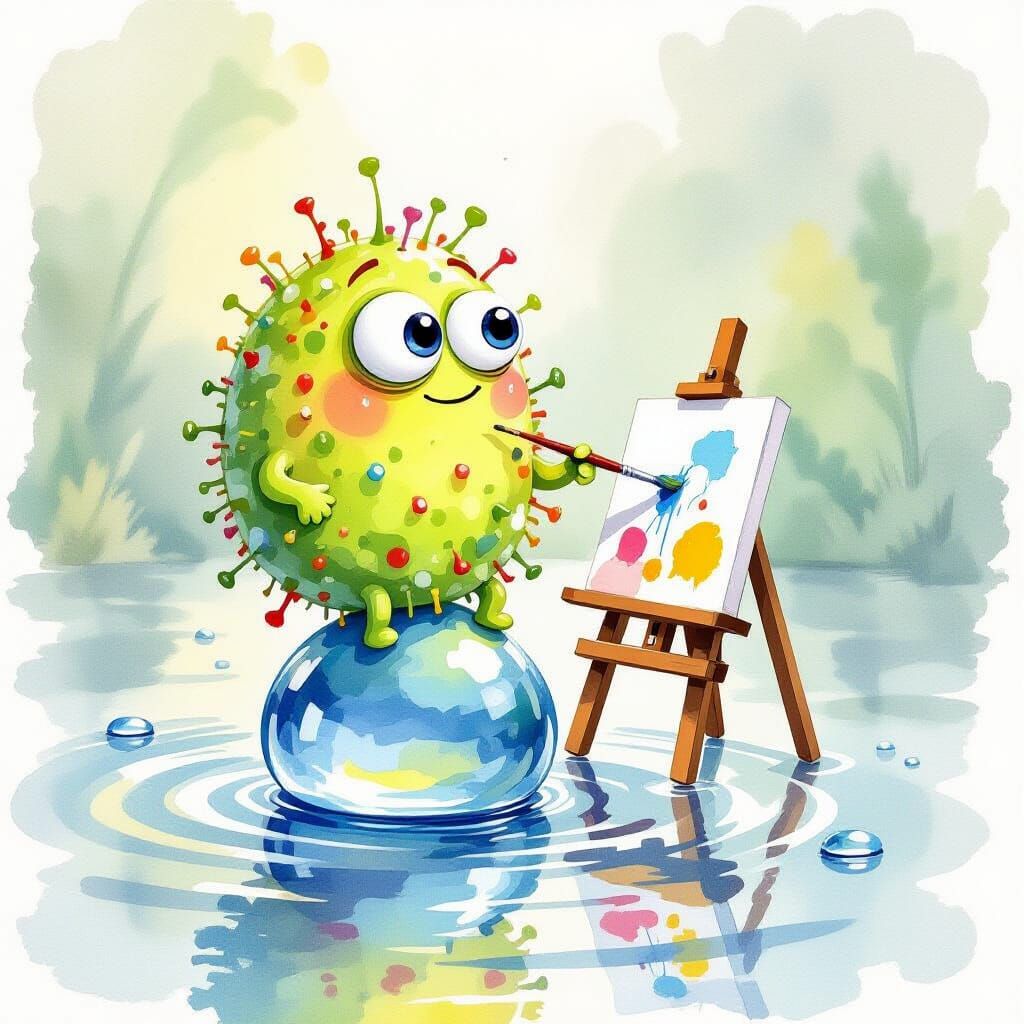 Whimsical Bacterium Paints on Water Droplet in Watercolor St...