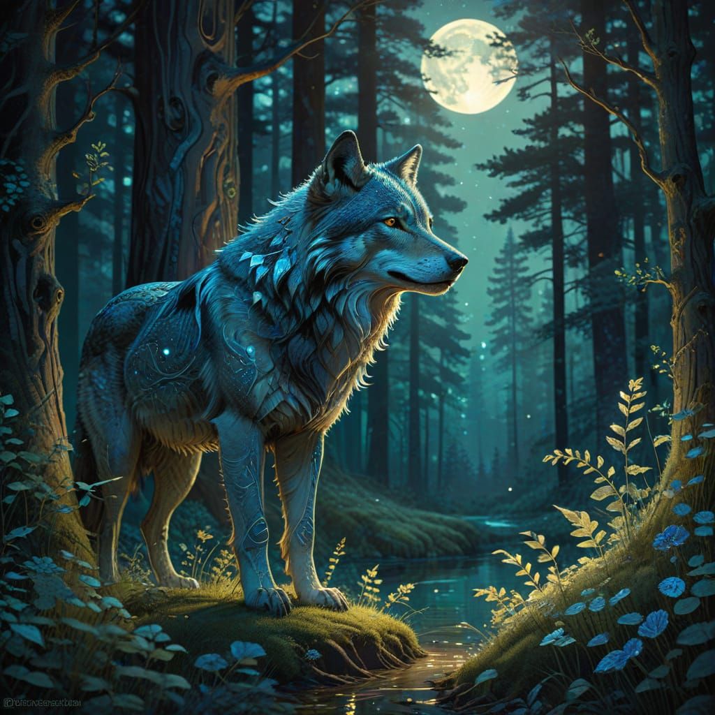 Majestic Wolf in Enchanted Forest: Jugendstil Art