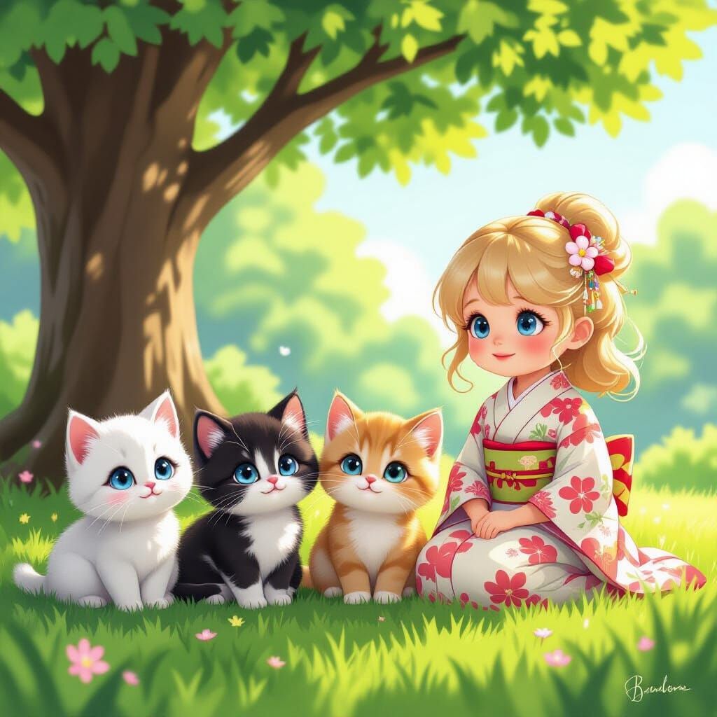 Five Smiling Kittens with Child in Kimono