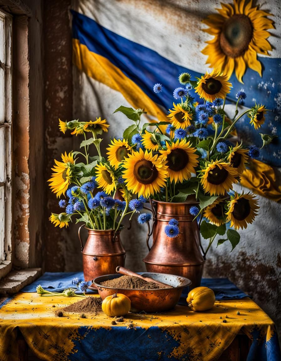 Sunflowers and Delft Blue Flowers Still Life
