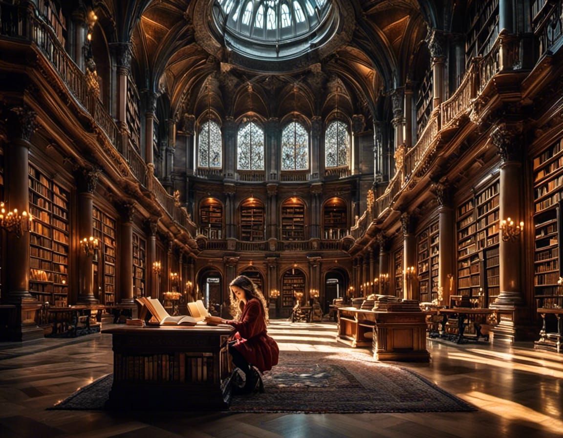 Girl Reads in Beautiful Library with Soft Lighting