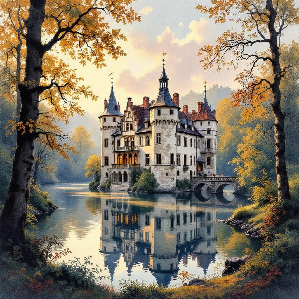 Mespelbrunn Castle Watercolor: German Romantic Style