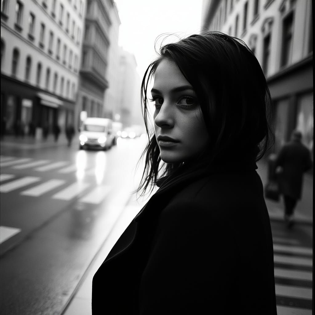 Monochromatic Portrait on Rainy City Streets