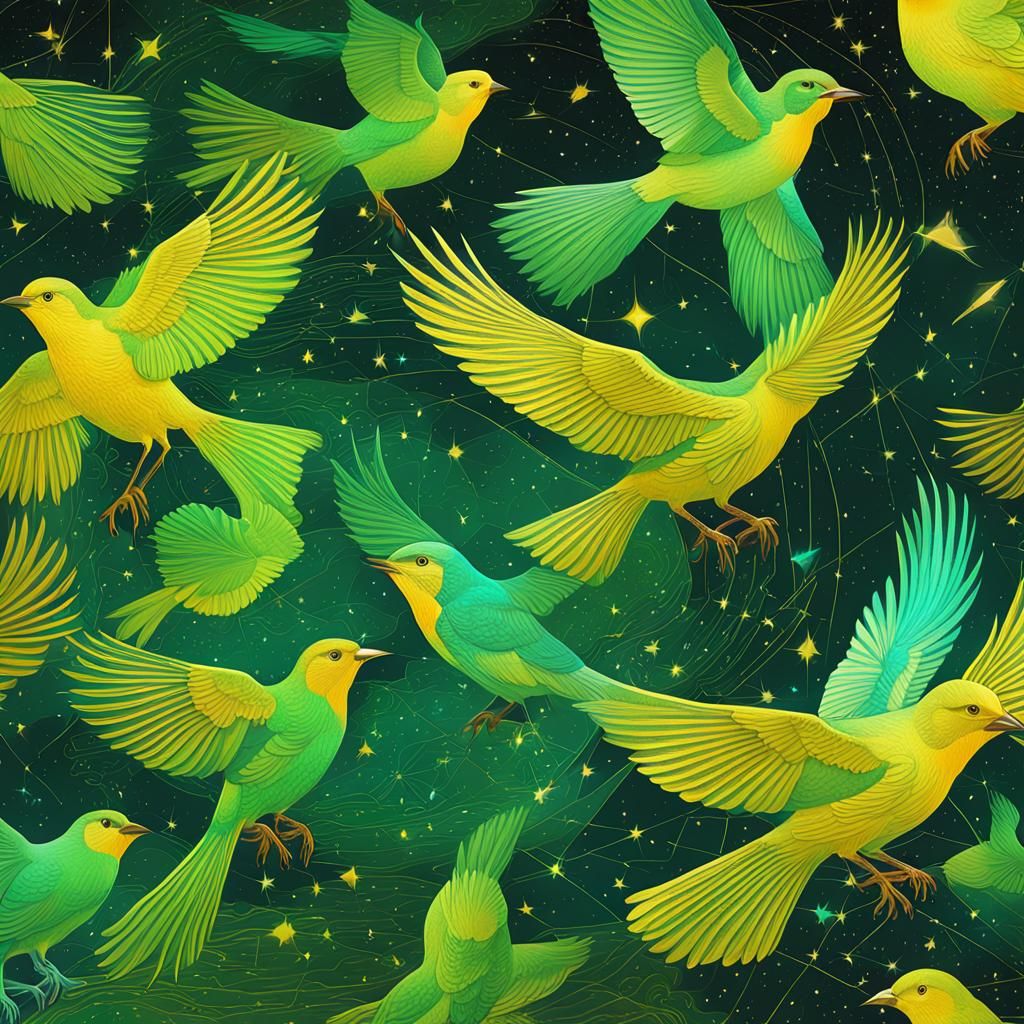 Green and Yellow Birds in Astral Illustration