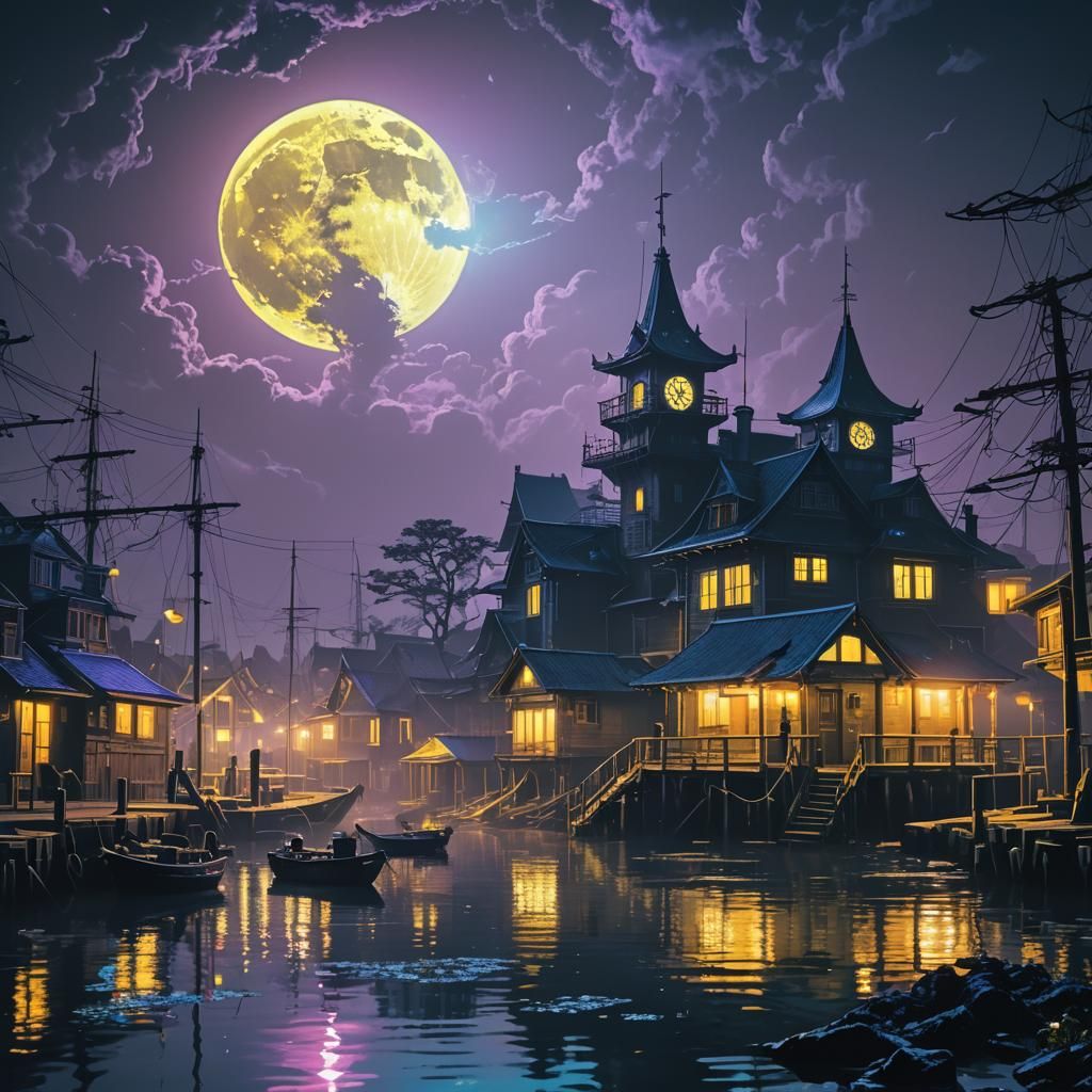 Cyberpunk Super Blue Moon Over Misty Harbour