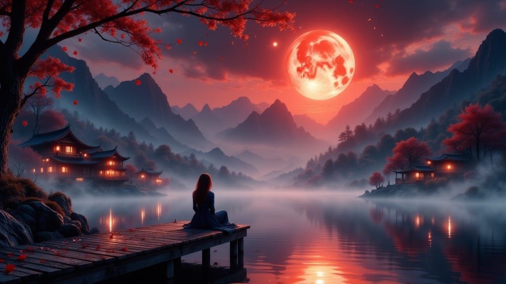 Surreal Asian Landscape with Glowing Moon
