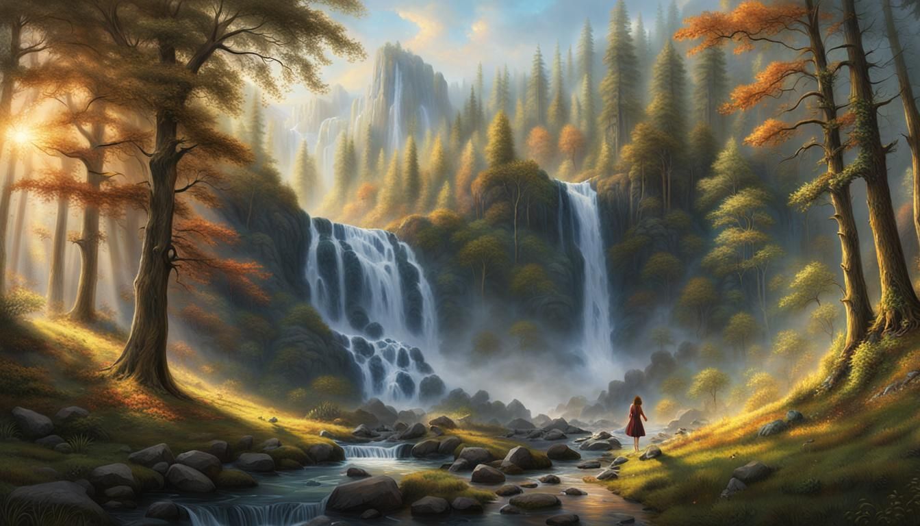Woman Finds Waterfall in Golden Light, Luminism Style