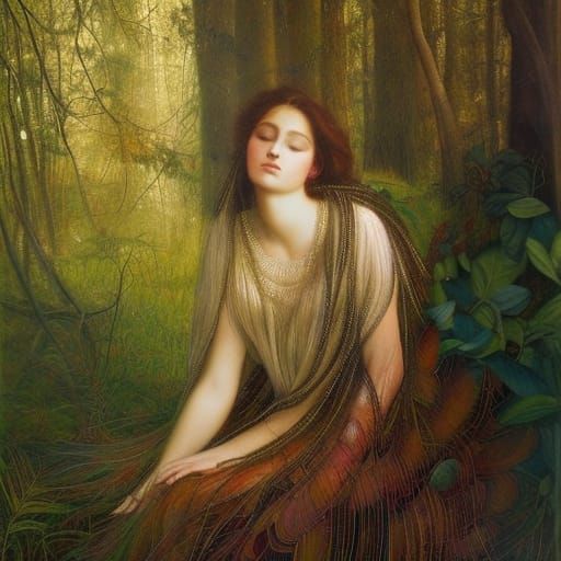 Ethereal Woman in Feathered Dress, Pre-Raphaelite Style