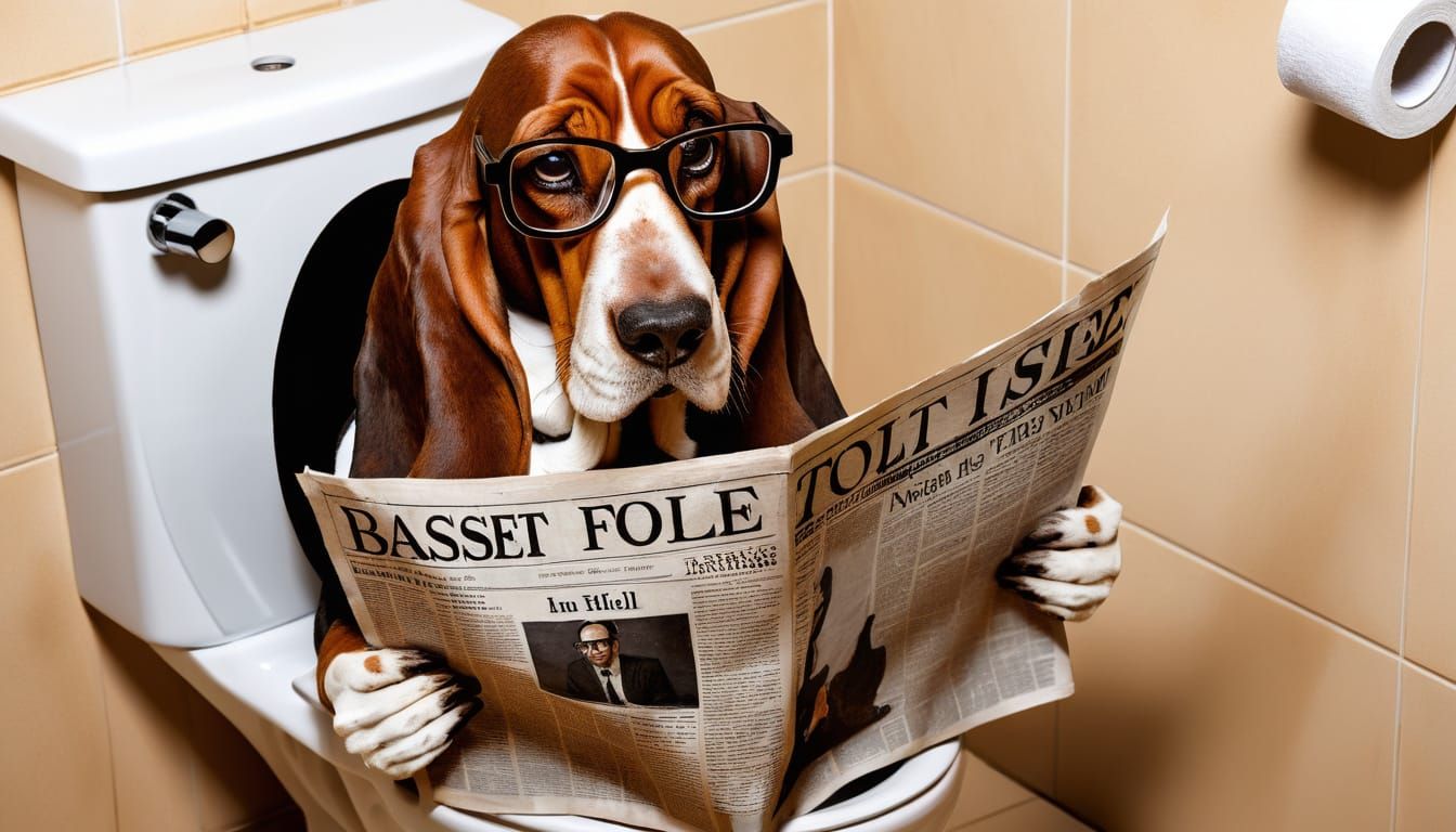 Basset Hound Reads Newspaper on Toilet as Oil Painting