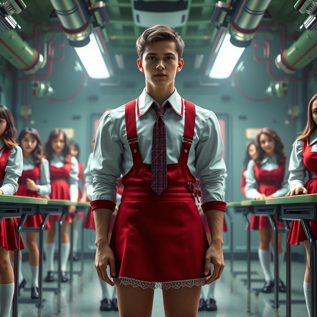Confident Young Man in Feminine School Uniform in Futuristic...