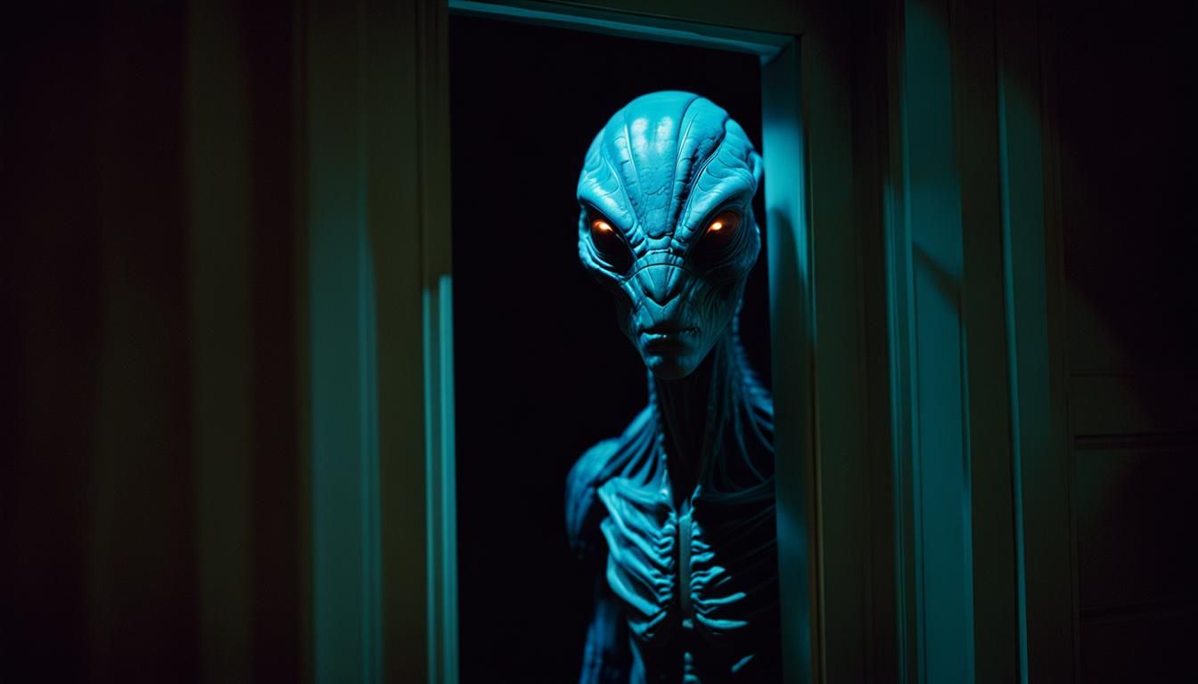 Eerie Bioluminescent Alien Lurking in Bedroom Scene