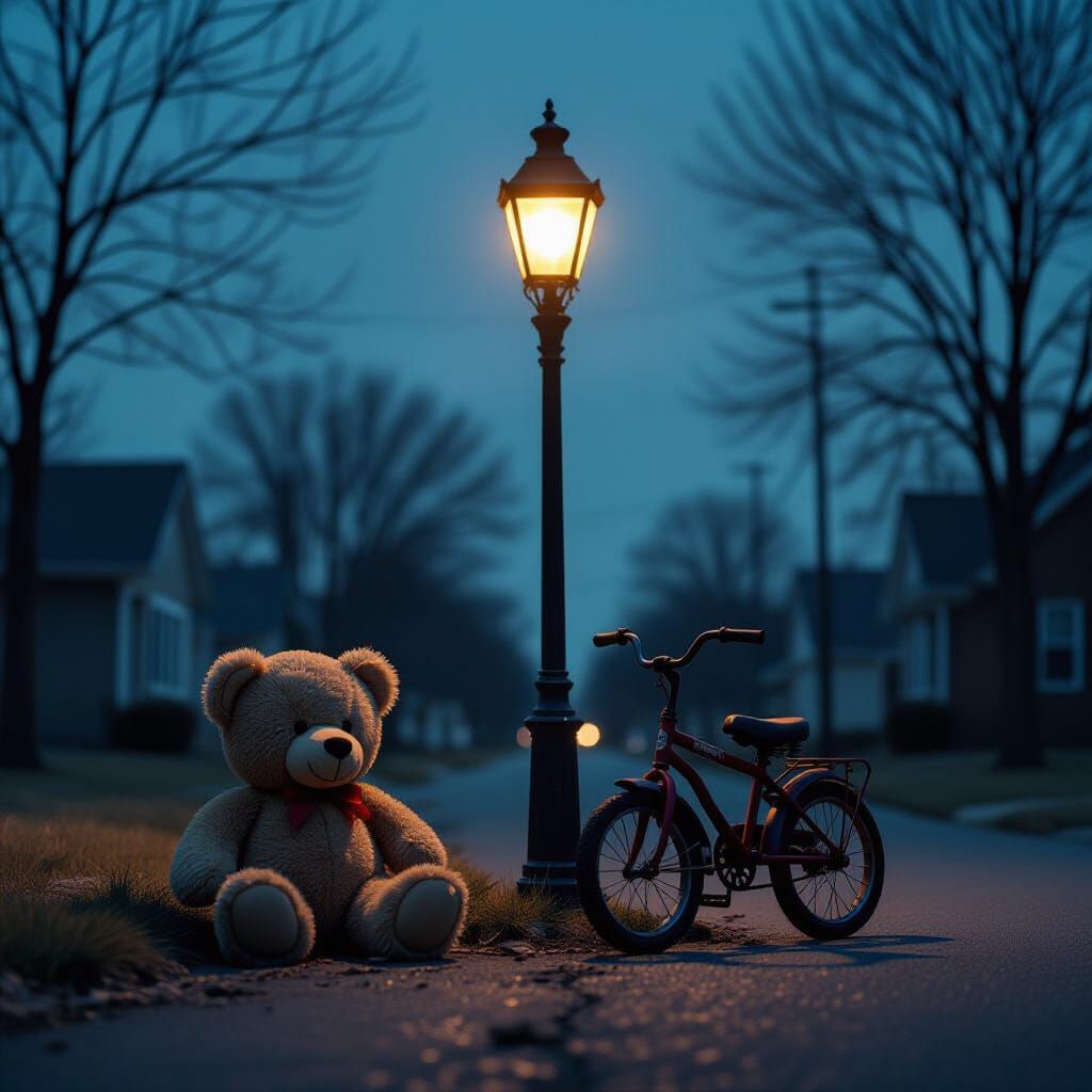Abandoned Toys in Stark Streetlight Glow