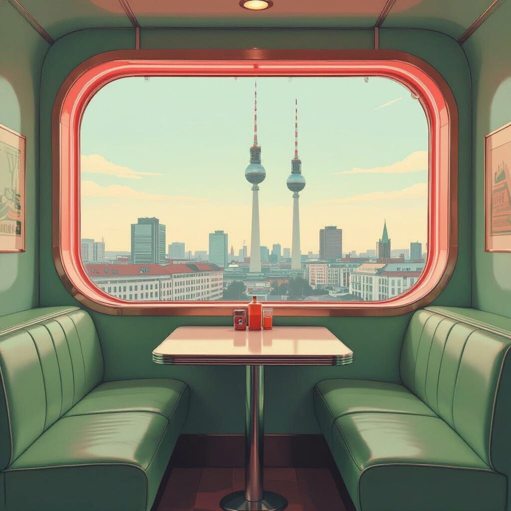 Berlin Cityscape Through Diner Window: Retro Art Deco