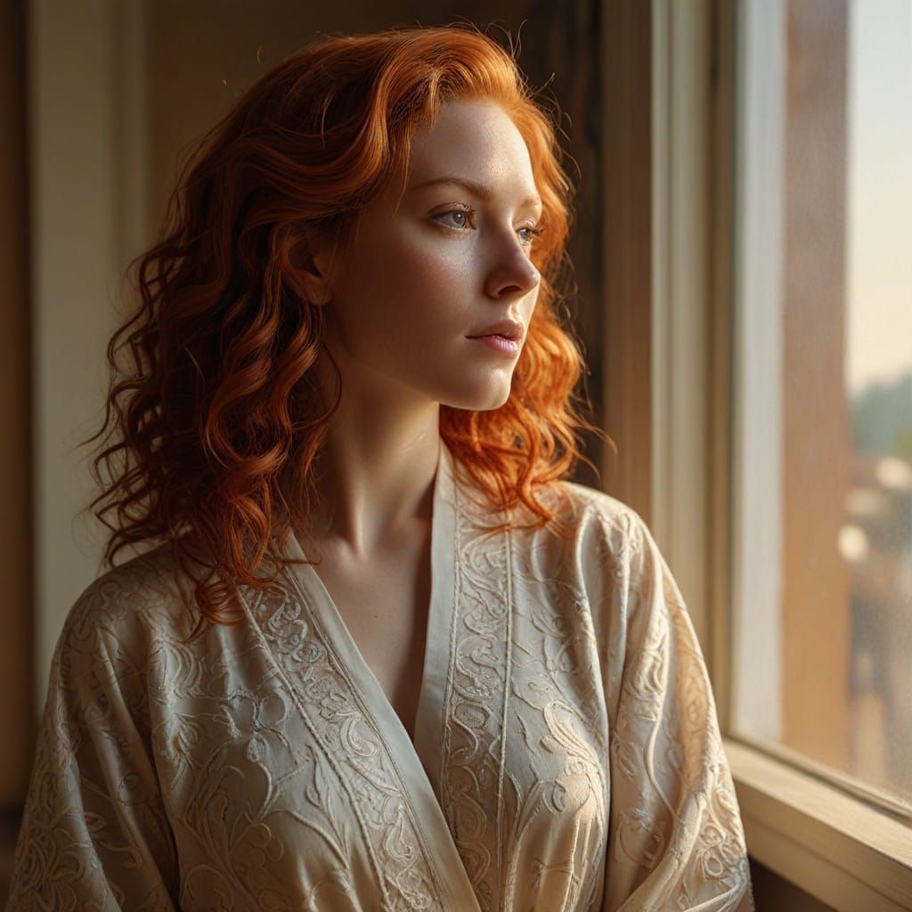 Red-Haired Woman in Sunlight: Hyper-Realistic Oil Painting