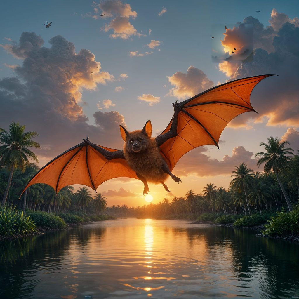Orange Kalong Bat Flies Over Indonesian River at Sunset