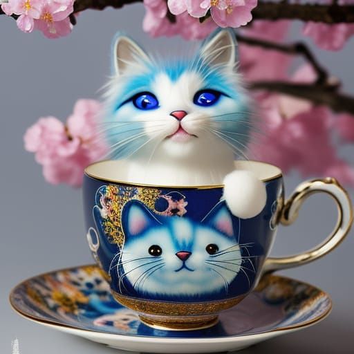 Cute Blue Kitty in Sakura Teacup