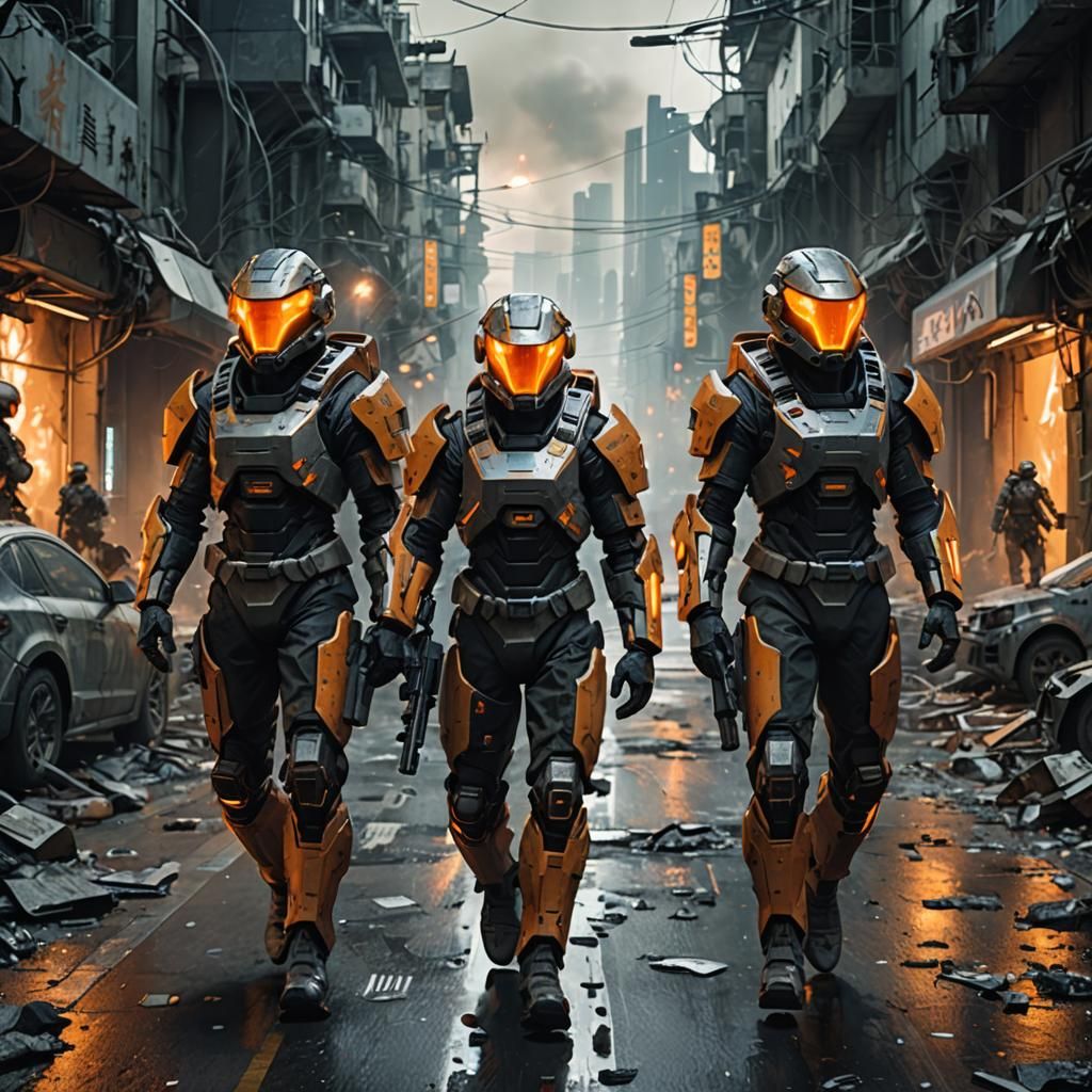 Futuristic Soldiers Patrol War-Torn City