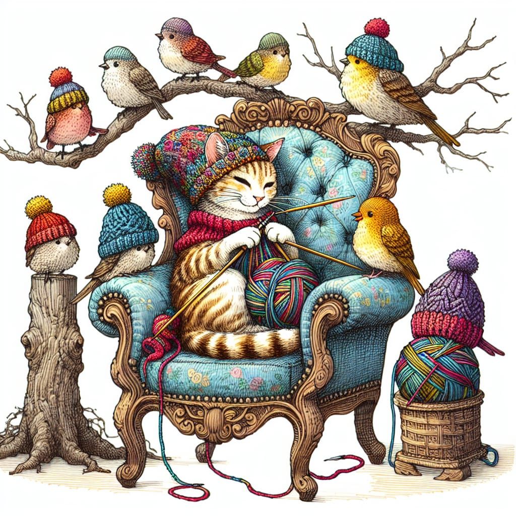 Whimsical Cat Knits Hats for Birds: Filigree Illustration