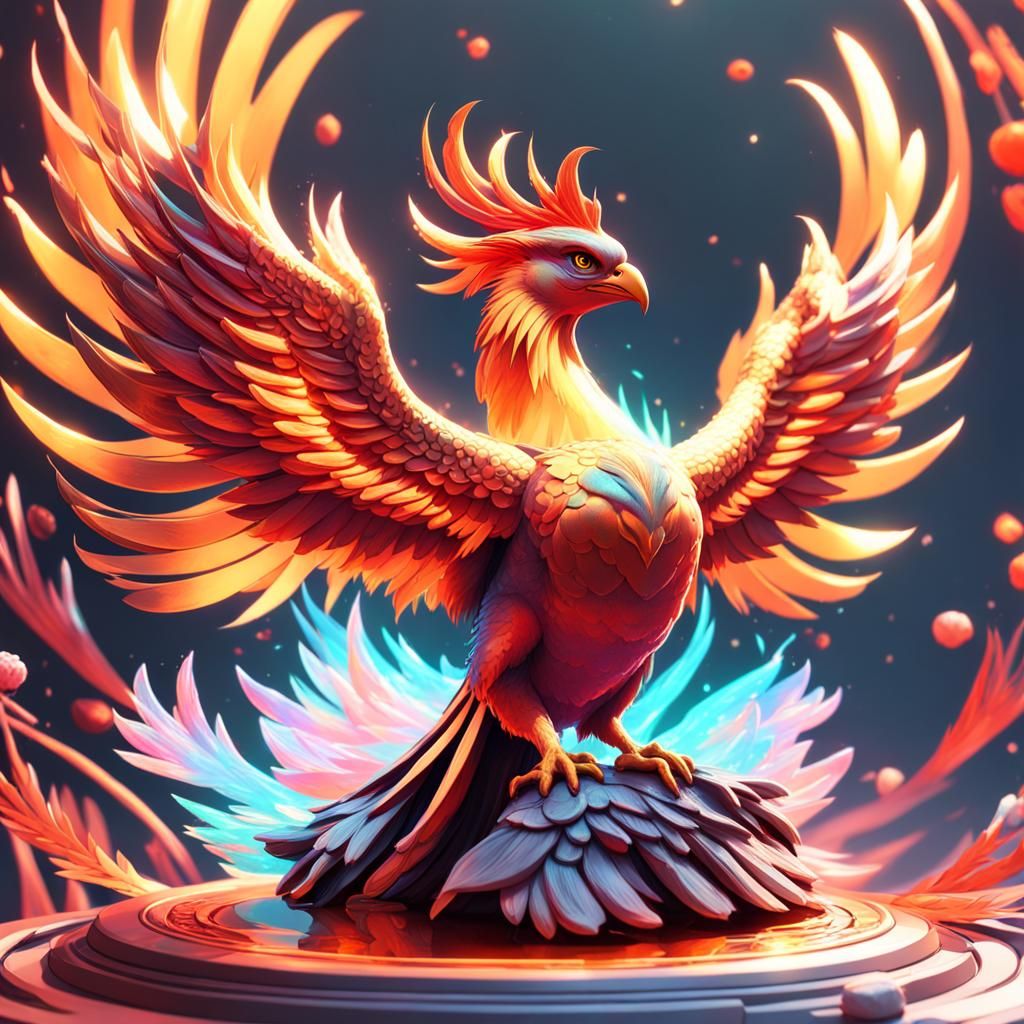 Holographic Phoenix-Devil Hybrid with Sakura: 3D Digital Art