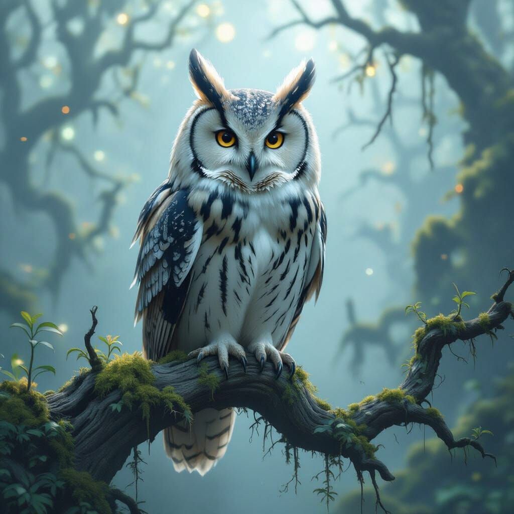 Ethereal Owl Perched in Bioluminescent Forest