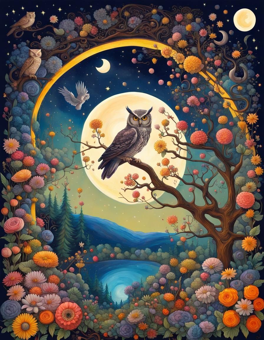 Steampunk Owl Garden Under Crescent Moon