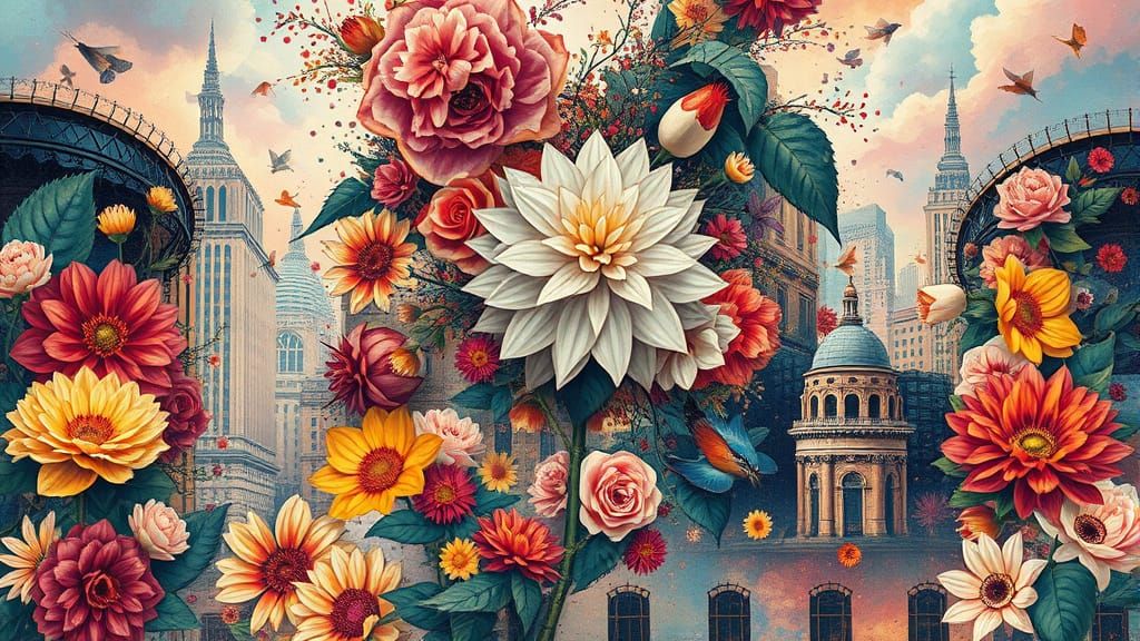 Cubist Urban Explosion in Surreal Floral Style